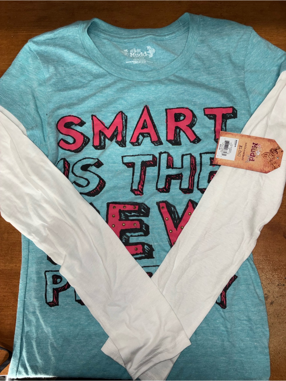 Mudd Turquoise & White Raglan Long Sleeve Tee with Pink Graphic